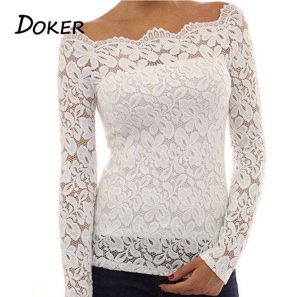 

5xl 2018 summer lace shirt women white slash neck long sleeve hollow tee shirt blouse skinny plus size blusas