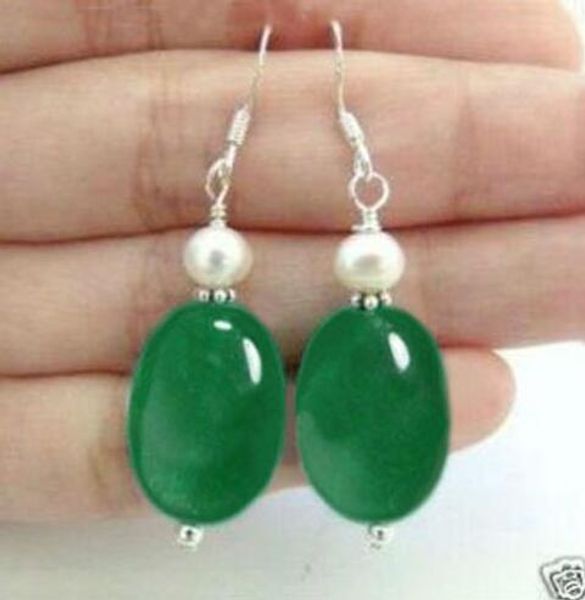 

blanco perla de jade verde natural 13x18 gancho de plata pendientes 2 pares, Silver