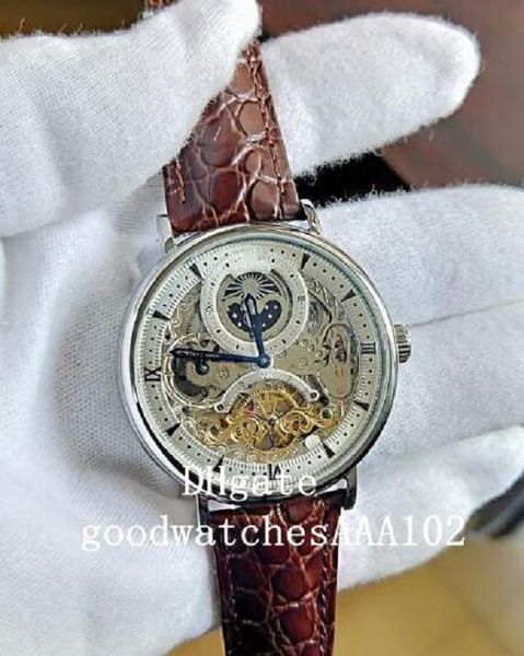 

men's watch watches leather strap bands mechanical transparent automatic mens watch watches, Slivery;brown