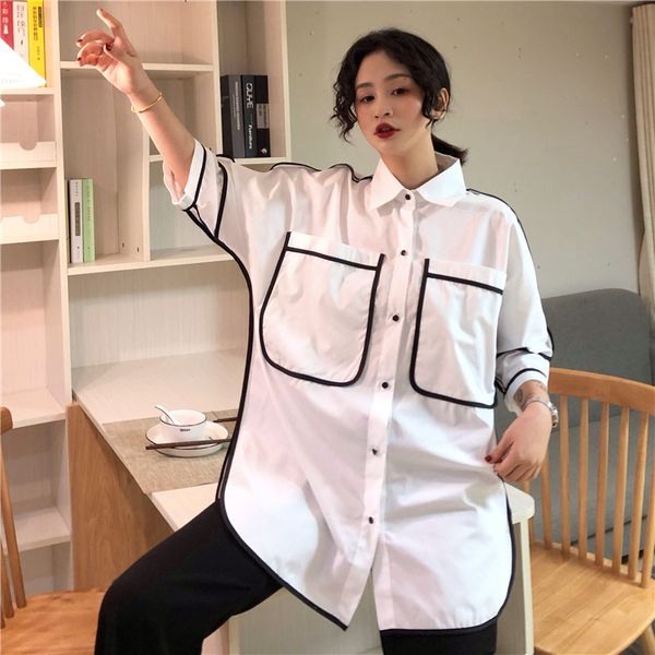 

korean style oversize women/man blouses big pockets fashion plaid print casual loose summer shirts blouses blusas mujer, White