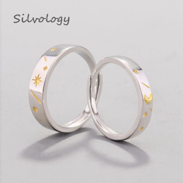

silvology 925 sterling silver original star moon adjustable rings female creative elegant texture rings for women fine jewelry, Golden;silver