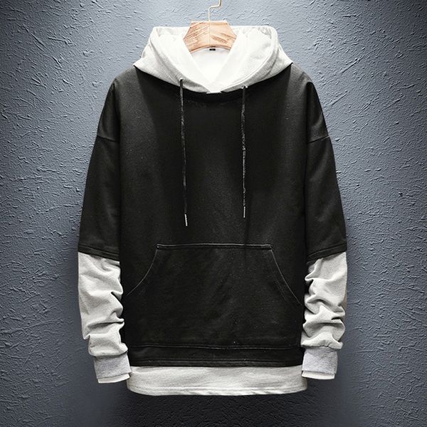 

plus size autumn men's hoodies fashion patchwork casual hooded sweatshirt with pocket long sleeve men hoodies blouse, Black