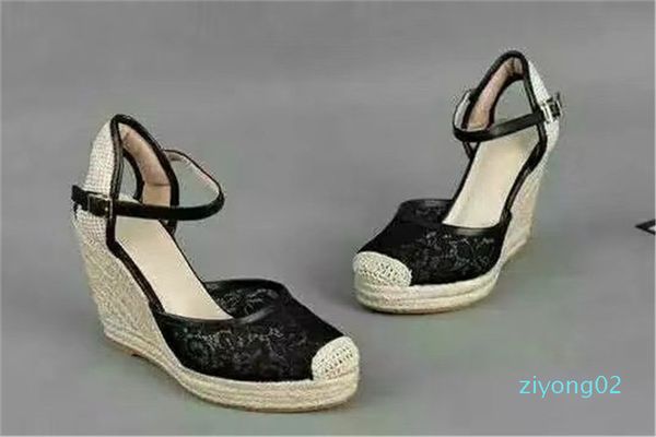 

pop2020 women baotou wedge heel lace sandals brand designer pastoral hemp rope weaving sandals ankle-strap fishman single shoes z02, Black
