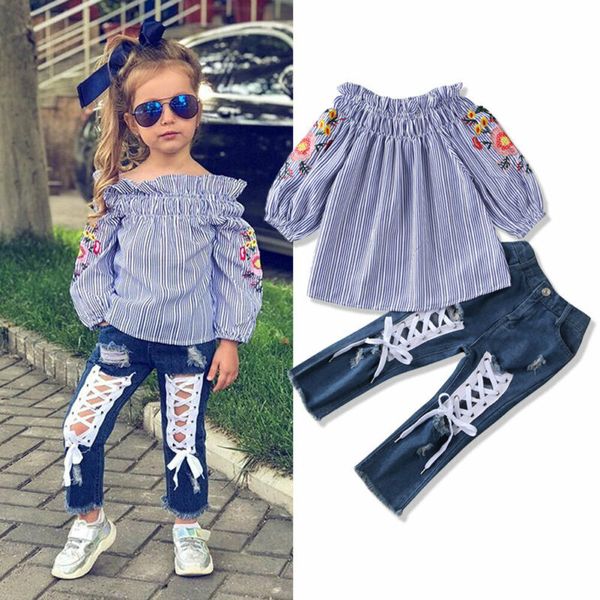 

pudcoco fashion baby girl kids striped long-sleeved hole pants jeans outfit clothes 3-8t t200526, White