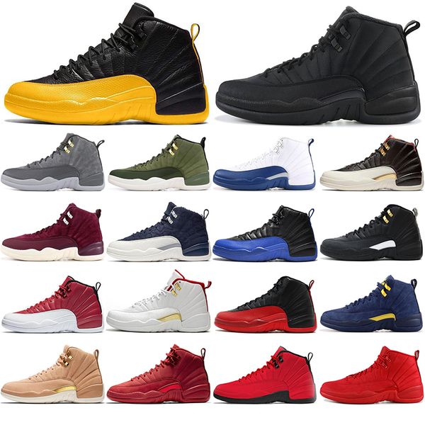 

12 mens trainers basketball shoes 12s reverse flu game dark concord university gold wolf dark grey reverse taxi outdoor sports sneakers, White;red