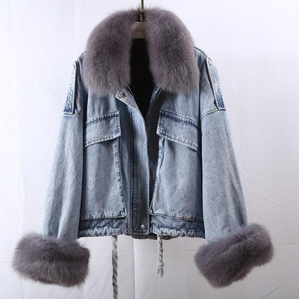 

rf2084 real fur park woman real fur cuffs and collar rex lining denim jacket natural jeans coat, Black