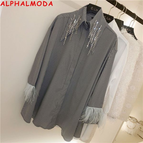 

alphalmoda 2020 spring new сыпучих пледы рубашки кристалл цепь воротник перо рукав женщина chic мода весна рубашка блузка, White