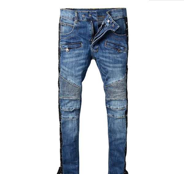 

mens designer jeans fashion brand bandage washed pleated stitching long denim slim pencil pants motorcycle jeans fashion trousers, Blue