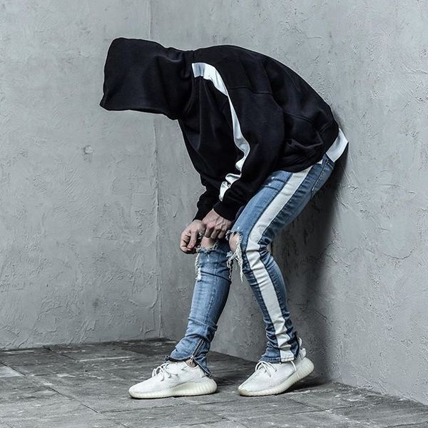 

hollow denim jean hop striped trousers slimfit denim jeans mens pants out man jeans casual torn hip tight trousers mkapa, Black