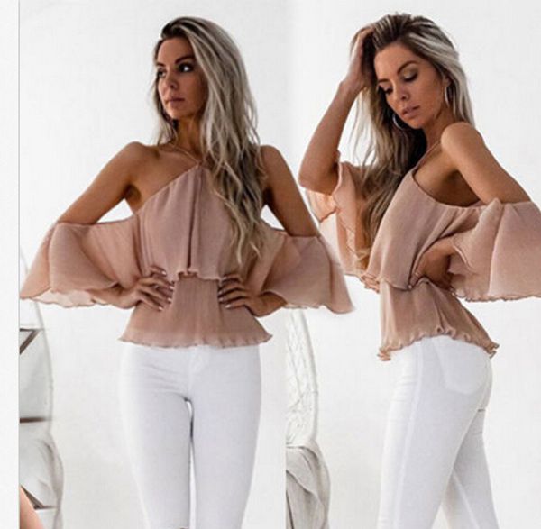 

womens blouse chiffon off shoulder loose casual beach halter neck ladies casual shirt woman blouse, White