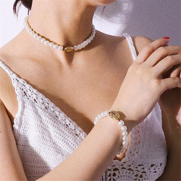 

diezi elegant luxury imitation pearl jewelry sets for women wedding new weave shell pendant necklace bracelet party jewelry, Silver
