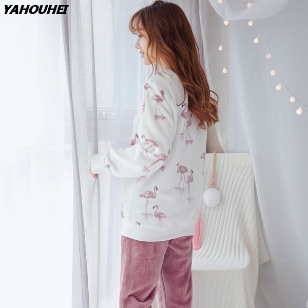 

girls cute cartoon print flannel pajamas sets for women winter long sleeve thick warm coral velvet pyjama sleepwear pijama mujer, Blue;gray
