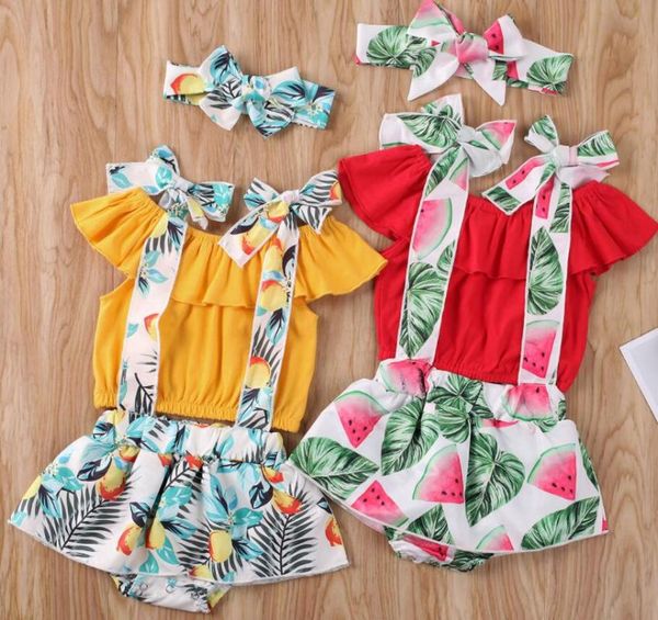 

3pcs newborn toddler baby girls floral crop t-shirts strap pants outfits set off shoulder clothes summer headband 0-24m, White