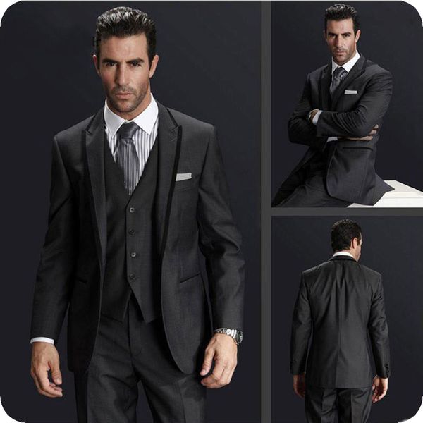 

3piece jacket pants vest grey men suits groom wedding suit man blazers black peaked lapel itlaian style costume homme groomsmen tuxedos, Black;gray