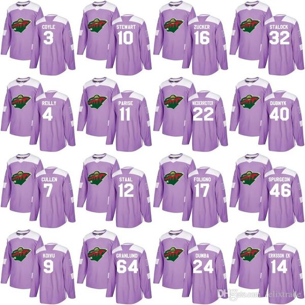 

mn minnesota wild purple hockey fights cancer eric staal brodin nino niederreiter zach parise mikko koivu devan dubnyk ryan suter jerseys, Black;red