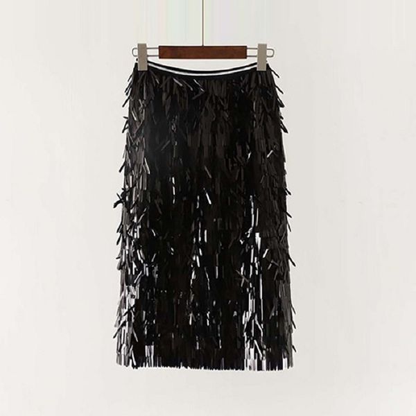 

women summer autumn sequined tassel mid-calf skirts ladies casual fashion & party shining straight skirts  6q2550, Black