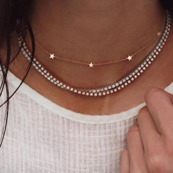 

retro fashion square rhinestone star multilayer alloy chain necklace choker jewelry accessories gift elegant for women men gift, Silver