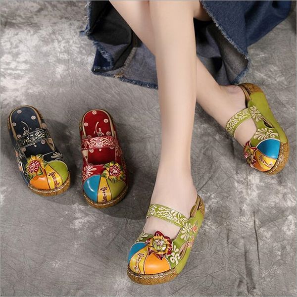 

summer shoes women sandals style flowers tick bottom retro handmade genuine leather fashion ethnic female flats platform, Black