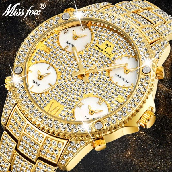 

missfox 51mm oversized big dial watch men diamond accented case with 5 quartz movt analog male gold business wrist watch, Slivery;brown