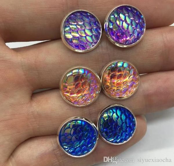 

style mermaid scales stud earrings time gem crystal silver tone base glass cabochon cute jewelry gift for women, hign quality, Golden;silver