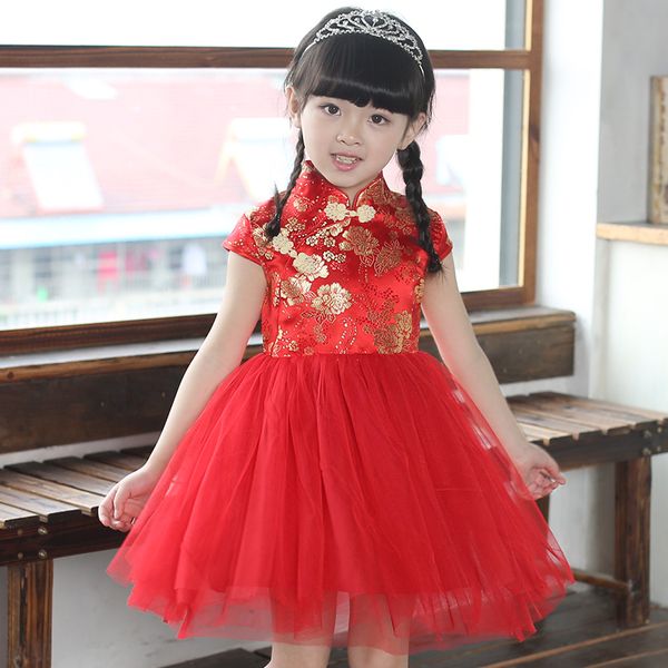 

girls dresses summer 2020 kids dresses for girls chinese cheongsam baby elegant clothes traditional chinese garments for child, Red;yellow