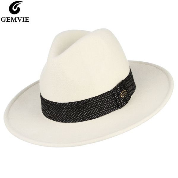 

GEMVIE 100 процентов шерсти White Hat Войлок фетровых С черной полосой для женщин Джаз Cap Ш