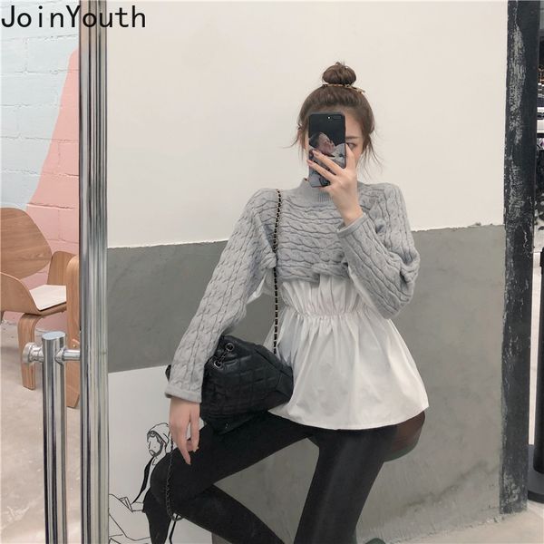

joinyouth womens clothing 2020 new spring summer patchwork fake two thin pullovers full knitted regular clothes 586, White;black