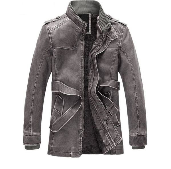 

Winter Mens Designer PU Coats Fashion Mens Stand Collor Faux Leather Casual Thick Outerwear with Sashes