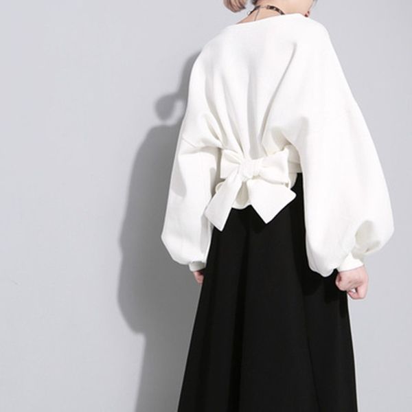 

gothic hoodies women 2020 spring autumn long lantern sleeve o-neck bow lace up cotton japan sweet sweatshirts loose streetwear, Black