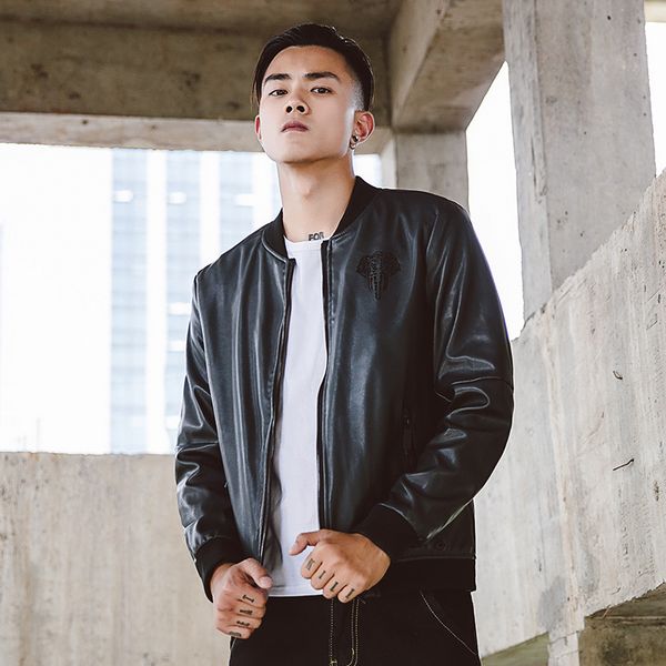 

2018 spring and autumn new style europe and america short laser pattern men's coat locomotive pu leather jacket popular brand up, Black