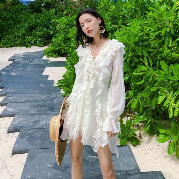 

lin shanshan 2019 new skirt women's, white holiday very fairy elegant scheming v-neck frilled dress xw276, White;black