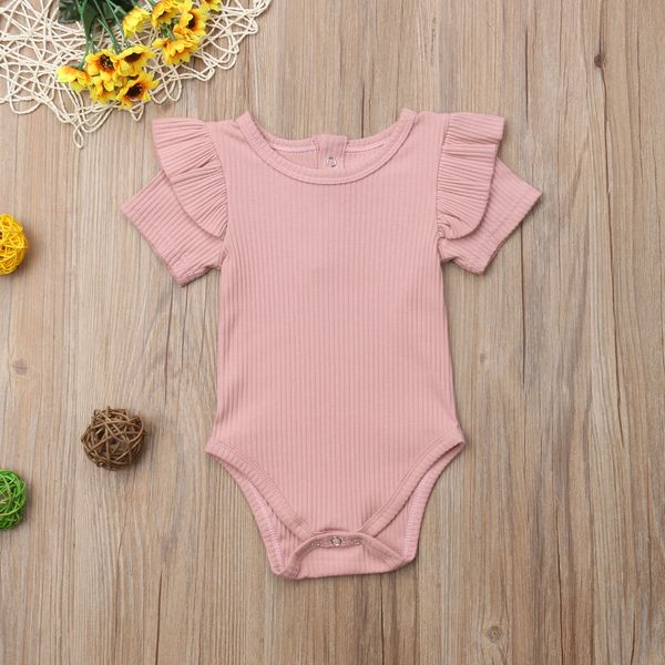 

2018 brand new newborn infant kids baby girls boys short sleeve bodysuits ruffles sleeve solid cotton jumpsuits outfit 0-24m, White