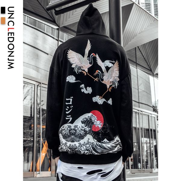 

uncledonjm cranes embroidery pullover hoodies sweatshirts 2019 hip hop fashion japan harajuku male casual streetwear swag hoodie, Black