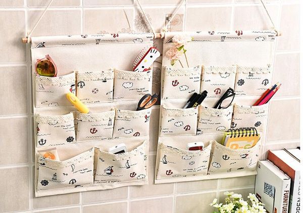 

large size sripes printed linen cotton fabric hanging bag window hanging storage case wall pockets ,6,8-pocket organizer bag