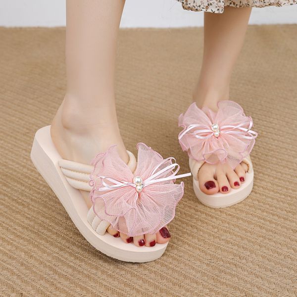 

shoes house slippers platform slides on a wedge med fashion butterfly-knot summer woman soft flat beach fabric, Black
