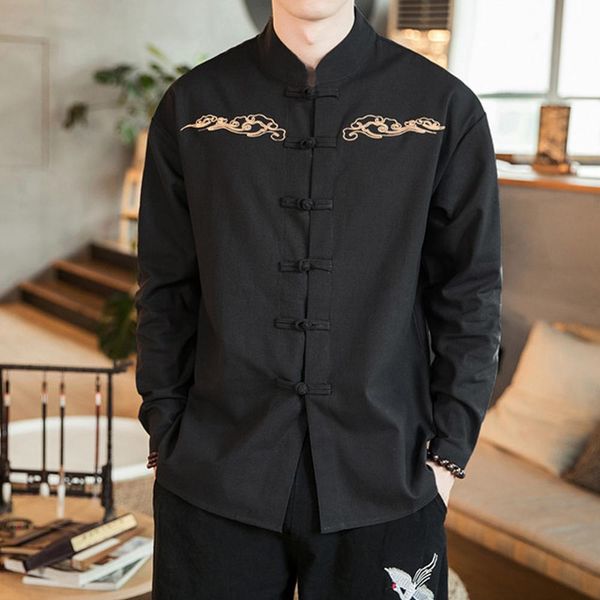 

shirt men's vintage casual loose blouse printing cotton long sleeve shirts blouse modis streetwear clothes dress shirt, White;black