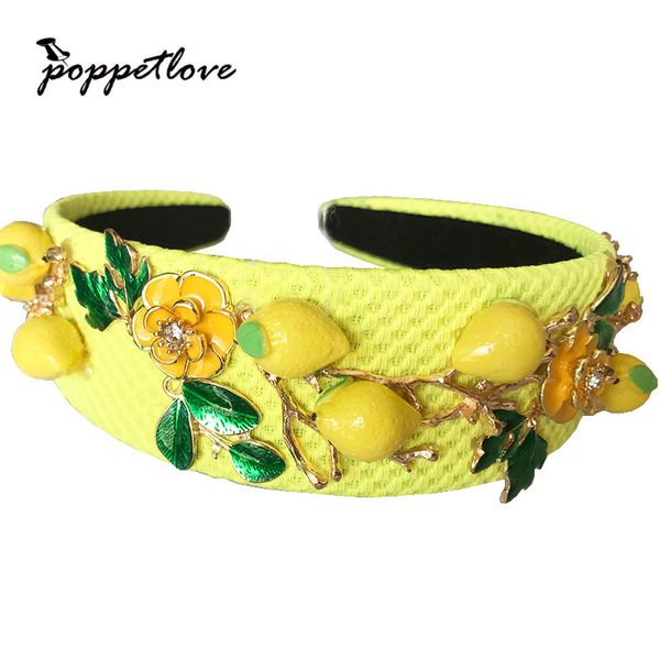 

baroque fashion runway cute yellow lemon flower headband for women luxury vintage wideside hair accessories jewelry, Golden;white
