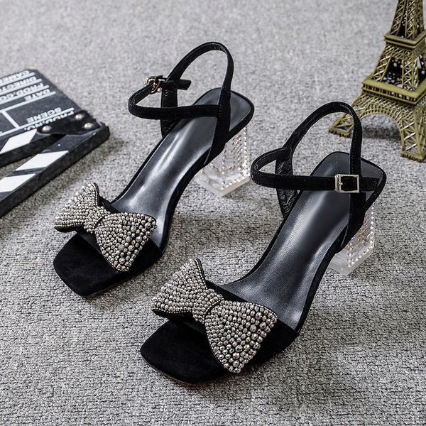 

word with thick with ms. sandals 2020 summer new wild fashion bow rhinestone high heels fairy wind, Black
