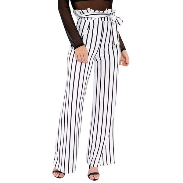 

women high waist loose wide leg striped long pants with belt ladies casual trousers white l, Black;white