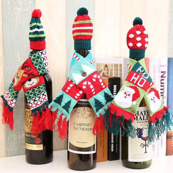 

3pcs christmas wine bottle decoration supplies knit scarf hat set bottle bags