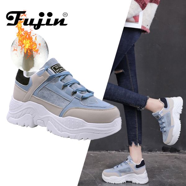 

fujin women casual sneakers winter sneakers plush fur warm women shoes lace up female boots comrfortable platform shoes women y200108, Black