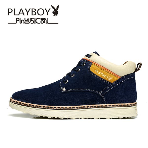 

playboy deep blue men snow boots winter cow suede add wool cotton shoes man round toe fashion brand mens ankle boots ds67140, Black
