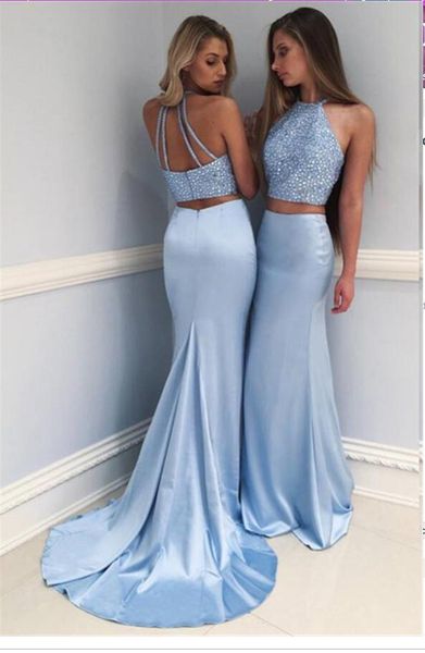 

light sky blue 2019 mermaid prom dresses halter neck beads sequined backless sweep train formal dresses evening gowns robes de soirée, Black