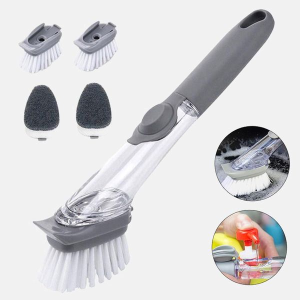 

double use kitchen cleaning brush scrubber dish bowl washing sponge automatic liquid dispenser kitchen pot cleaner clean tools