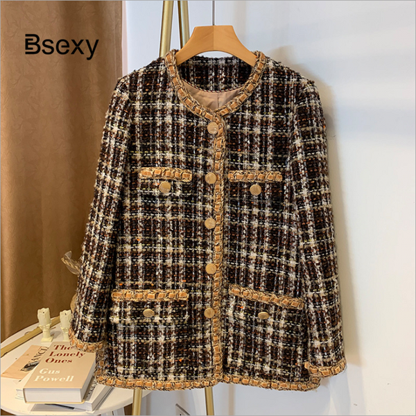 

women's wool & blends vintage plaid tweed jacket coat women 2021 round neck single breasted brown long autumn winter clothes, Black