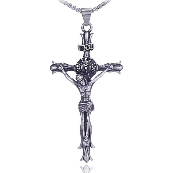 

european and american fashion jesus cross pendant necklace charm men's stainless steel necklace 9-x00045, Silver