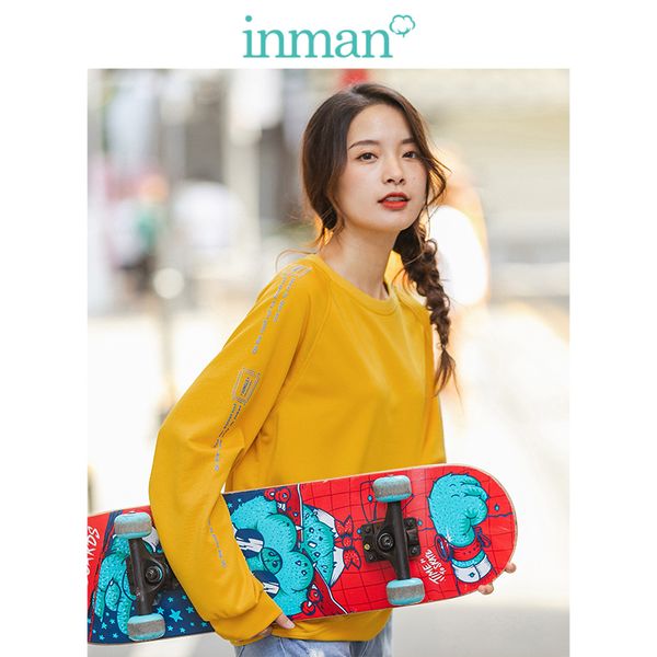 

инман 2020 весна новое прибытие твердая o-образным вырезом реглан рукава печать сыпучие основные женщины короткие толстовка, Black