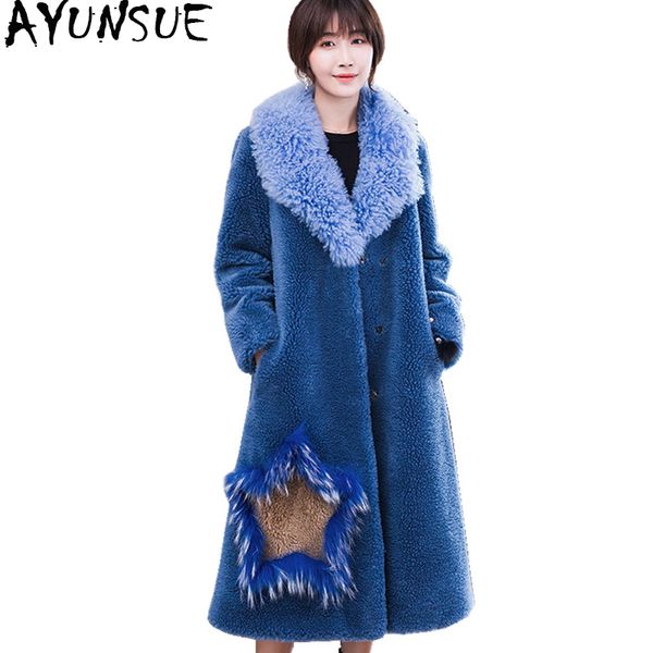 

ayunsue women sheep shearling jacket real wool fur coat female 2019 new long winter coats natural lamb fur collar 18089 wyq1877, Black