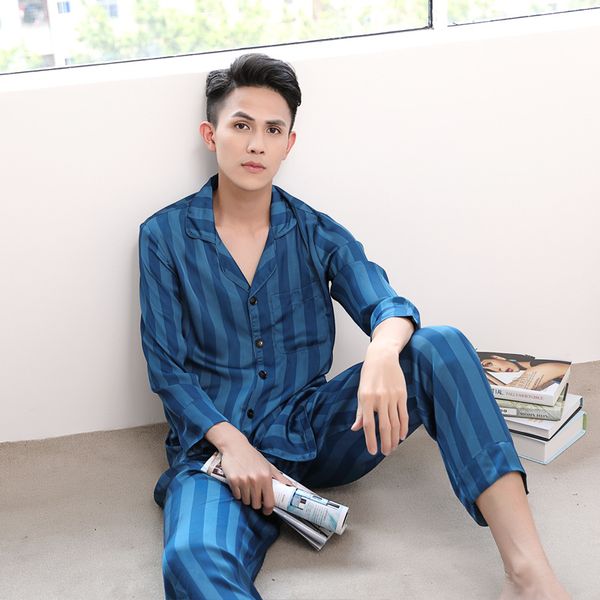

couple satin pajamas mens classic autumn long sleeve notch collar nightwear women navy striped silk pyjama set, Black;brown