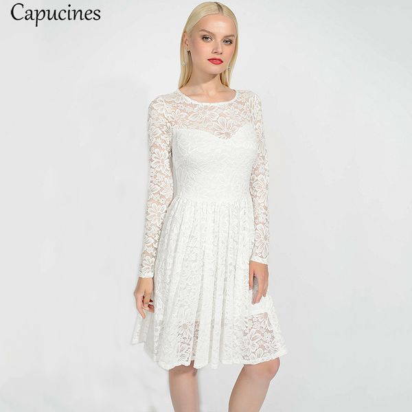 

lady elegant white flowers mini lace dresses women 2019 spring summer casual long sleeve o-neck hollow out club party dress, Black;gray